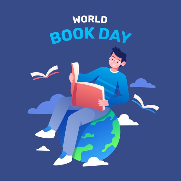 행성에 책을 읽는 남자와 그라데이션 세계 책의 날 그림