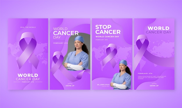 Vettore gratuito raccolta di storie su instagram per la giornata mondiale del cancro sfumata