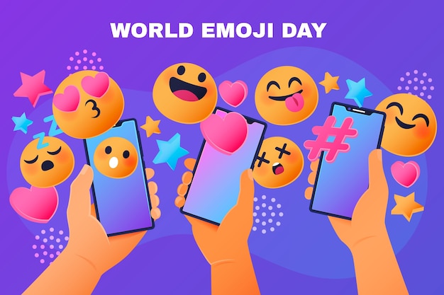 Бесплатное векторное изображение Градиентный мир эмодзи день фон со смайликами и руками, держащими смартфоны