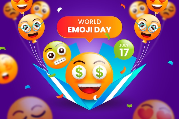 Gradient world emoji day background with emoticons