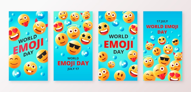 Vettore gratuito collezione di storie di instagram della giornata mondiale delle emoji sfumate con emoticon