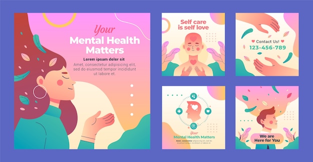 Vettore gratuito collezione di post instagram della giornata mondiale della salute mentale gradiente