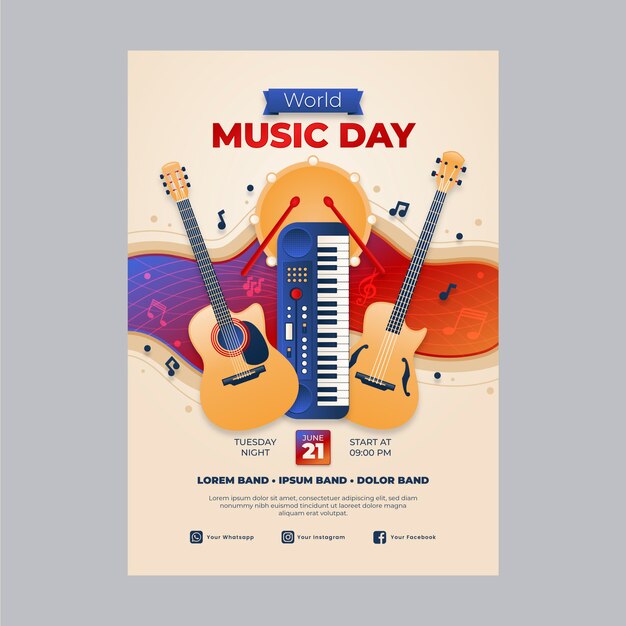 Gradient world music day poster template