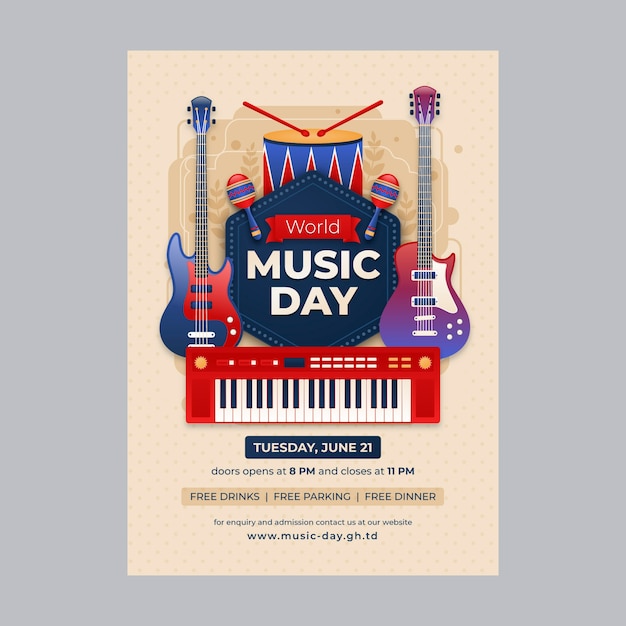 Vettore gratuito manifesto della giornata mondiale della musica gradiente con chitarre