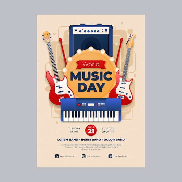 Free vector gradient world music day poster with instruments