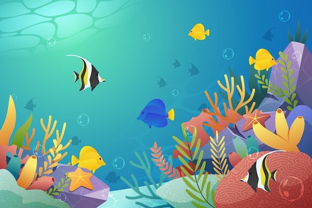 Vettore gratuito sfondo sfumato della giornata mondiale degli oceani con i pesci