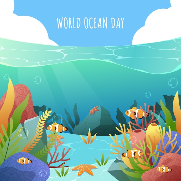 Бесплатное векторное изображение Градиентный всемирный день океанов иллюстрация с рыбой