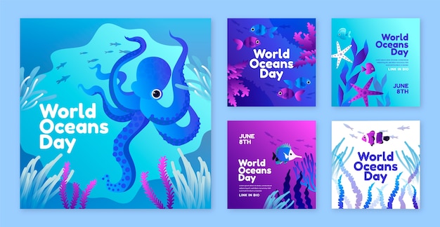 Free vector gradient world oceans day instagram posts collection