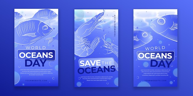 Бесплатное векторное изображение Коллекция историй instagram к всемирному дню океанов