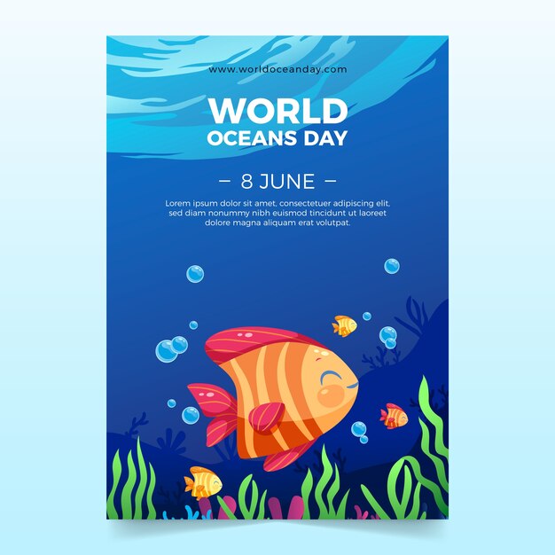 Gradient world oceans day vertical poster template with fish in water