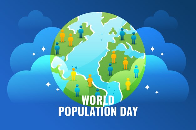 Gradient world population day background with people and planet