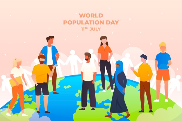 Gradient world population day background with people and planet