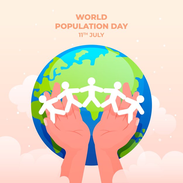 Gradient world population day illustration with hands holding paper people