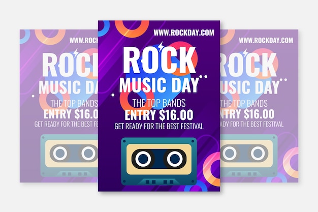 Free vector gradient world rock day poster template with cassette