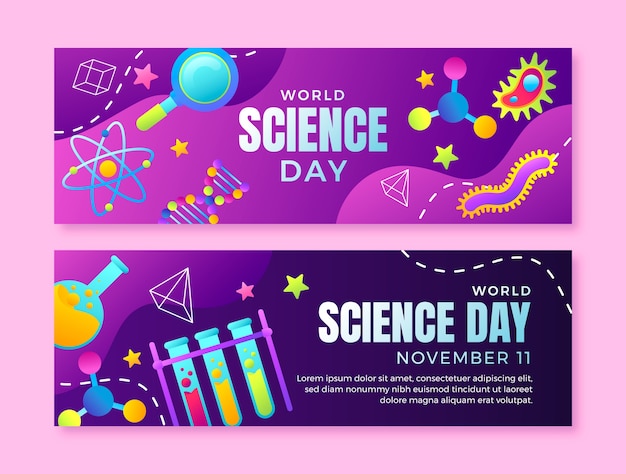 Gradient world science day horizontal banners set