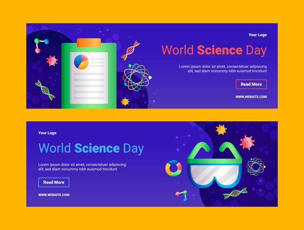 Gradient world science day horizontal banners set