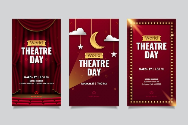 Free vector gradient world theatre day instagram stories collection