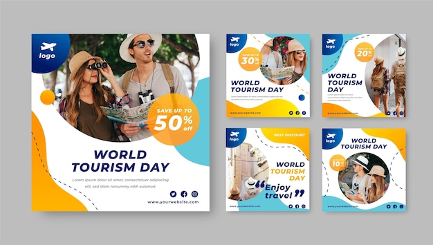 Free vector gradient world tourism day instagram posts collection with photo