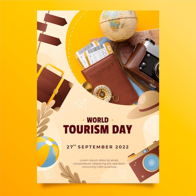 Gradient world tourism day vertical flyer template with photo