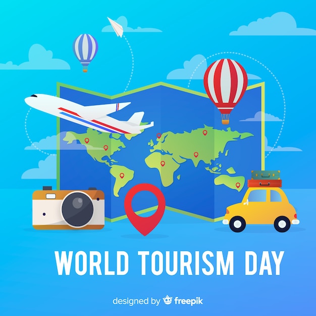 Mappa di giornata turistica mondiale gradiente con trasporto