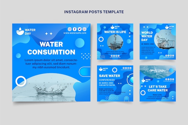 Vettore gratuito collezione di post instagram della giornata mondiale dell'acqua sfumata