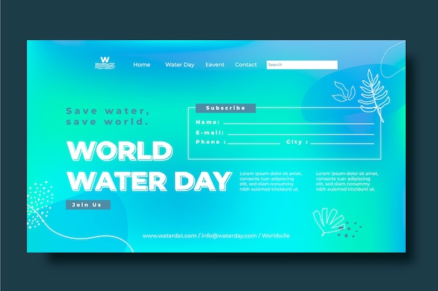 Шаблон целевой страницы всемирного дня воды с градиентом