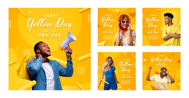 Free vector gradient yellow day instagram posts collection