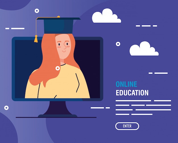 Free vector graduate woman in education online by computer