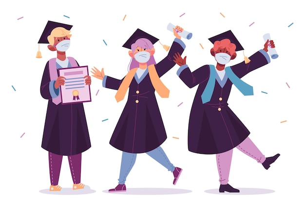 Free vector graduates wearing mask concept