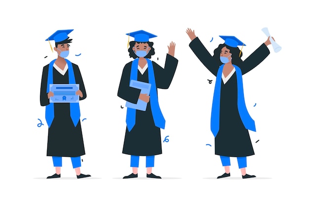 Free vector graduates wearing medical masks pack