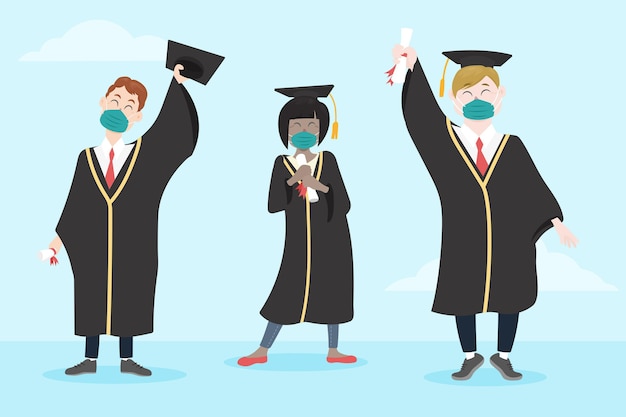 Free vector graduates wearing medical masks set