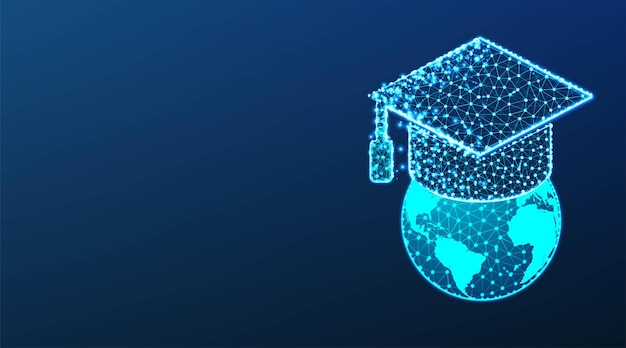 Tappo di graduazione o bordo di mortaio in cima al concetto di istruzione del globo mondiale disegno astratto della maglia del wireframe di basso poli su fondo blu scuro illustrazione di vettore