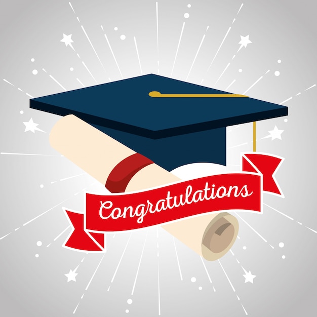 Free vector graduation cap with diploma certificate and ribbon