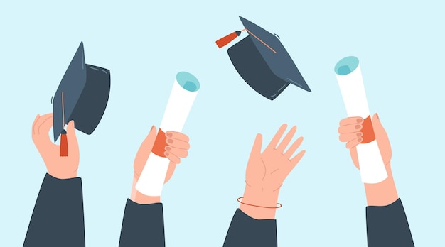 무료 벡터 졸업 모자와 졸업장 사람들의 손에. 졸업 모자를 공중에 던지고 평평한 벡터 삽화를 함께 축하하는 졸업생. 교육, 대학, 성공, 행사 개념