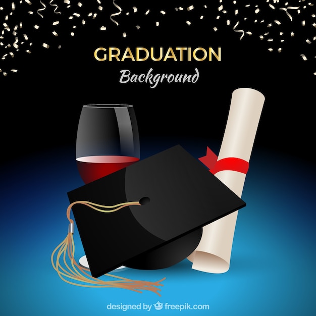 Free vector graduation celebration background with biretta and diploma