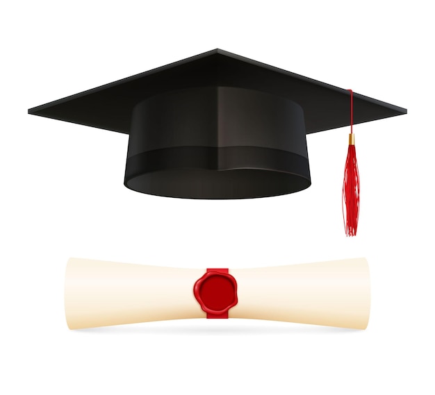 Graduation education set with realistic isolated images of academic hat with red tassel and sealed diploma vector illustration