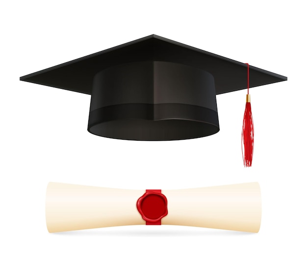 Образовательный комплект для выпускников с реалистичными изолированными изображениями академической шляпы с красной черепкой и запечатанной дипломной векторной иллюстрацией