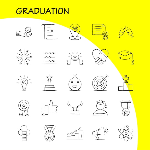 Free vector graduation hand drawn icons set for infographics mobile uxui kit and print design include glass drink healthcare graduation map location medal award icon set vector