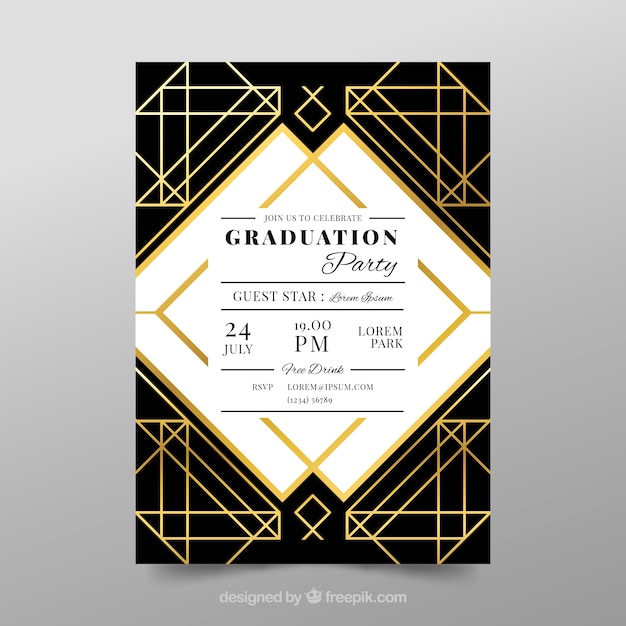 Free vector graduation invitation template with golden style