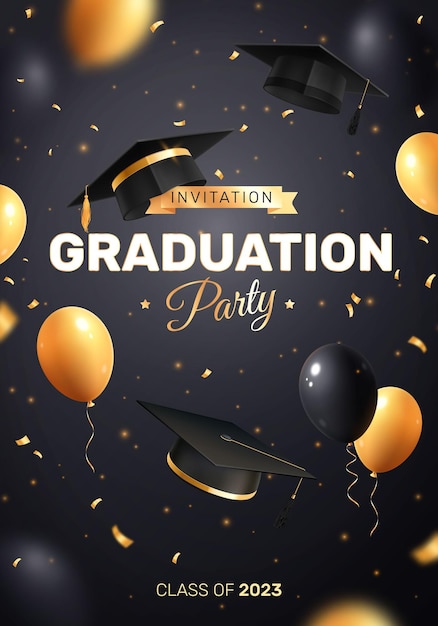 Free vector graduation party invitation realistic composition with ornate text flying balloons golden confetti and academic hat images vector illustration