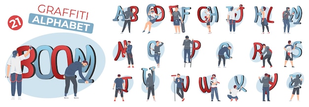 Бесплатное векторное изображение Граффити-алфавит плоский состав людей, рисующих буквы аэрозольными красками, изолированные векторные иллюстрации