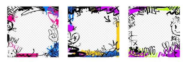 Free vector graffiti frames with tags spray paint stickers street art decoration with ink drips