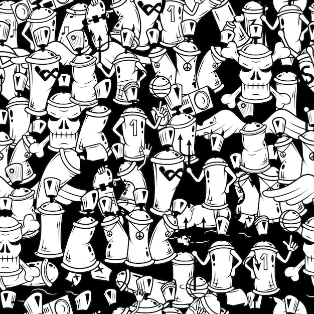 Free vector graffiti spray can characters seamless pattern