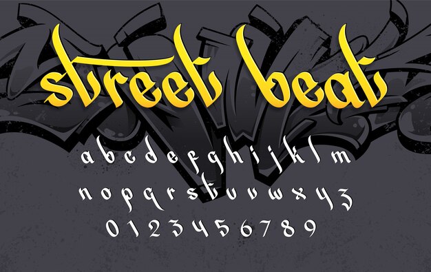 スプレー落書きフォント レタリング 汚れた落書きの数字と文字のタグを設定する市のストリートアート壁セット プレミアムベクター