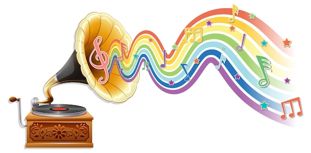 Gramophone with melody symbols on rainbow wave