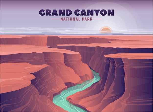 Grand Canyon landscape and view on Colorado river Vector illustration for web and banner Most famous United States natural landmarks Arizona National Park