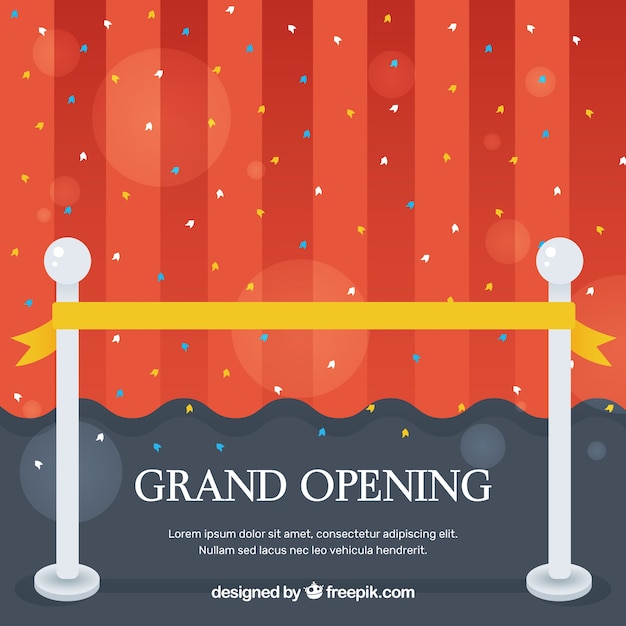 Grand opening background with red curtain and golden ribbon