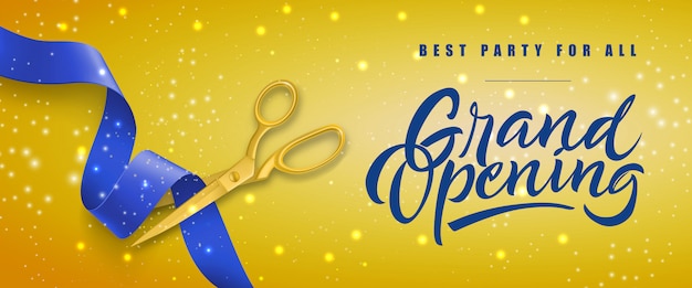 Grand opening, best party for all festive banner with gold scissors cutting blue ribbon