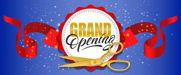 Grand opening blue sparkling banner with gold scissors, red ribbon