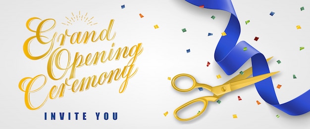 Grand opening ceremony, invite you festive banner with confetti and gold scissors